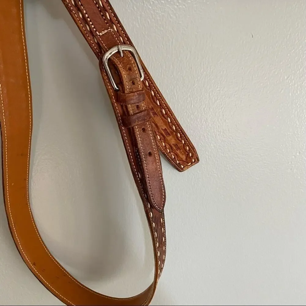 Vintage Western Hand Tooled Brown Cowhide Leather Belt 1.5” Floral Cowboy M/L